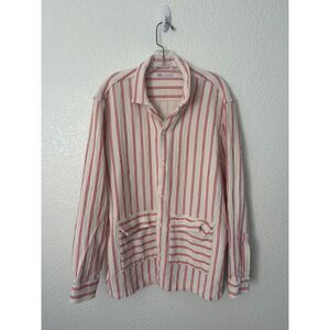 ZARA Red Cream Striped Button Down Shirt Size XL Front Pockets